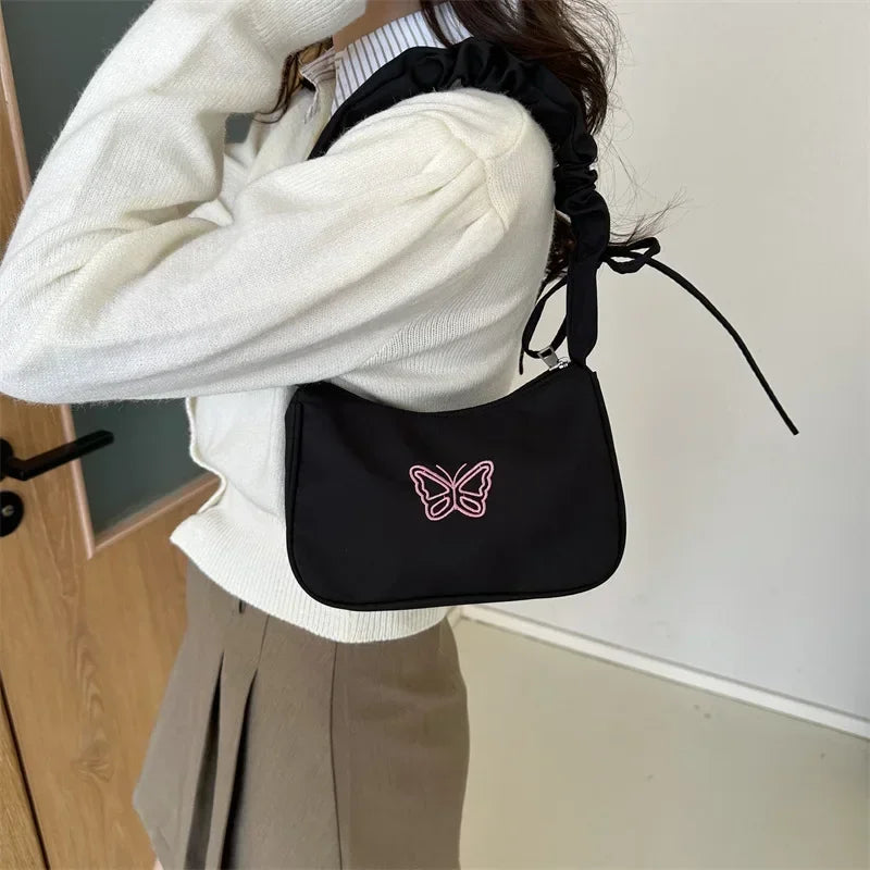 Bordado bowknot borboleta bolsa de ombro y2k-estilo plissado alça náilon arco sacola maquiagem batom bolsa nova