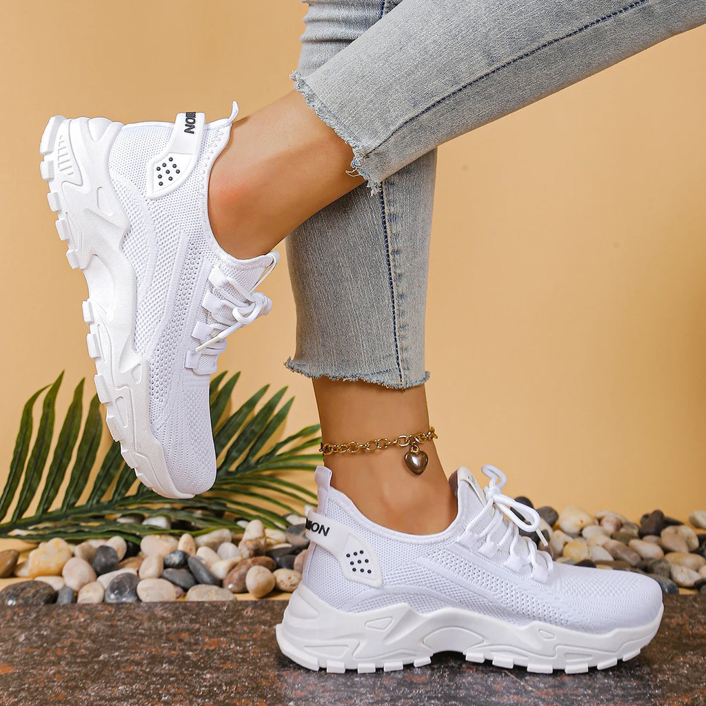 Calçados femininos, calçados esportivos femininos 2025 sapatos femininos respiráveis de malha única pai sapato esportivo feminino casual e versátil