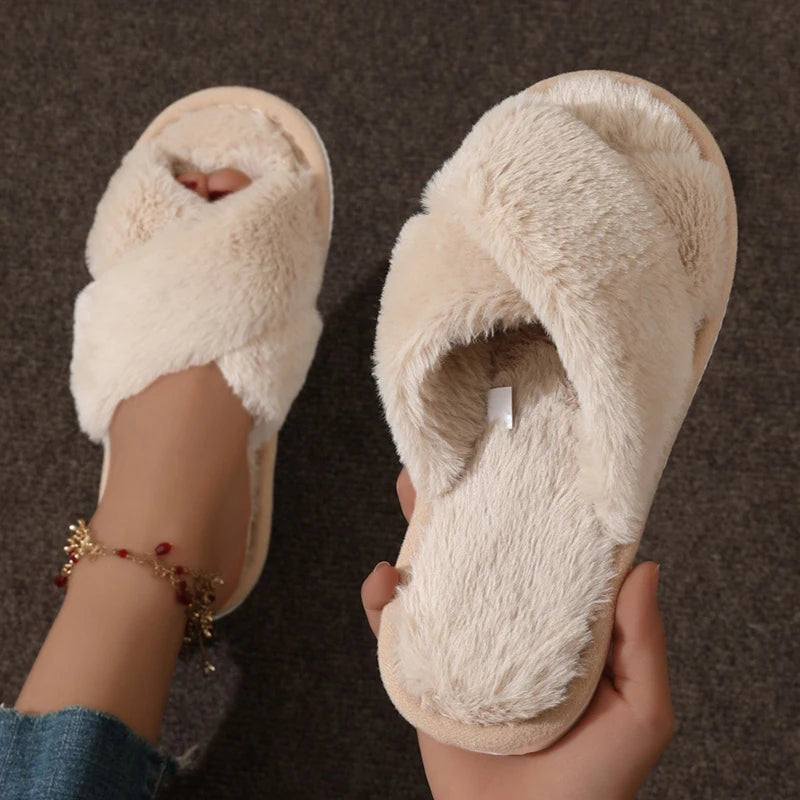 Cruz quente fofo chinelos peludos feminino leve saltos planos slides de pele mulher outono inverno dedo do pé aberto antiderrapante sapatos de chão para casa