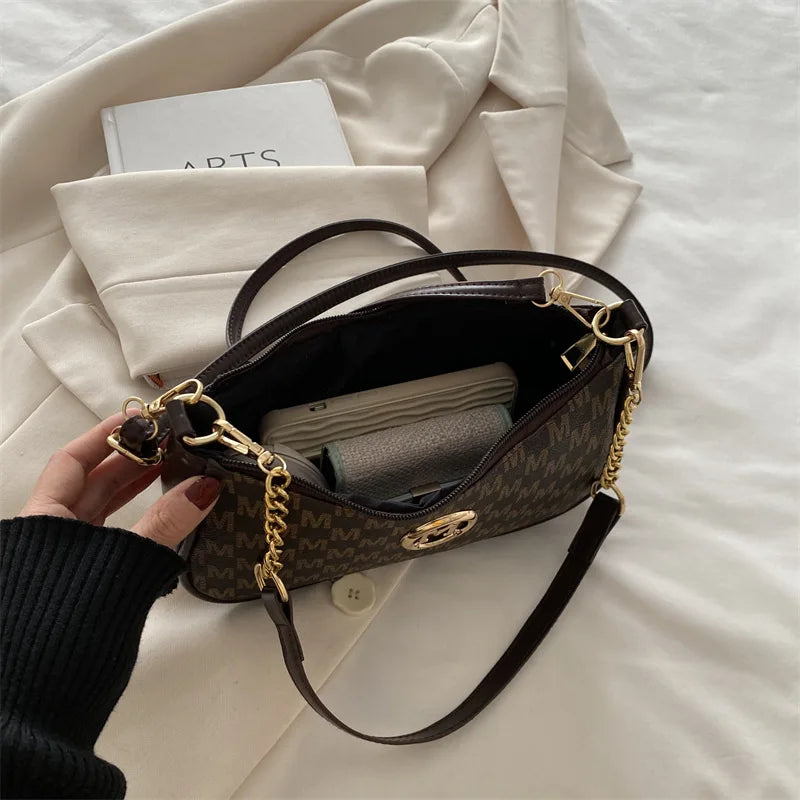 Bolsa crossbody estilo vintage, bolsa mensageiro de ombro de couro pu com design de letra dourada 'M', bolsa tote de couro sintético, bolsa