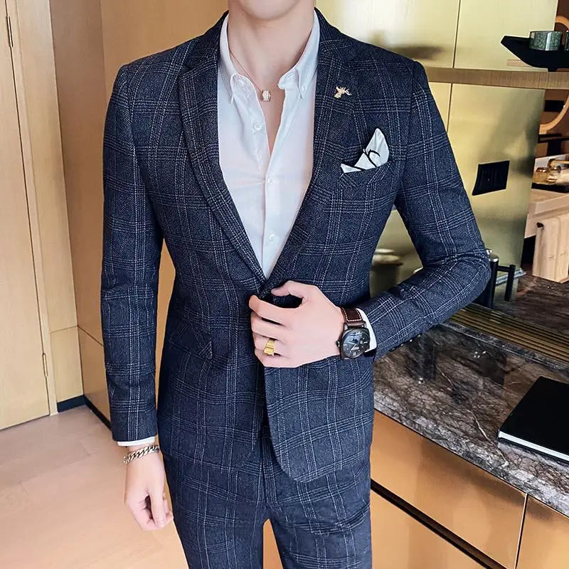 Terno de negócios fino ajuste masculino alta qualidade boutique moda conjunto de duas peças bonito tendência banquete quatro estações calças incluídas