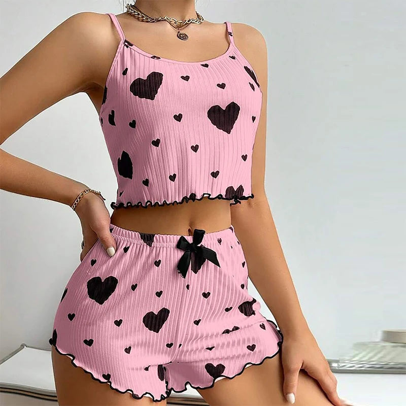 Conjunto de pijamas femininos pijamas 2 peças regata curta e shorts s m l branco ventilar macio casual amor impressão