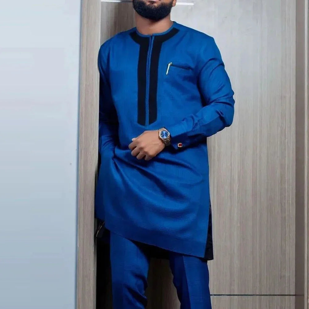 Traje Masculino Africano com Bordado Temos, Conjunto de Duas Peças, Calça Longa, Estilo Étnico Casual, Traje de Casamento, Terno para Noivos.