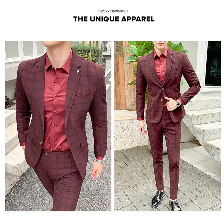 Terno de negócios fino ajuste masculino alta qualidade boutique moda conjunto de duas peças bonito tendência banquete quatro estações calças incluídas
