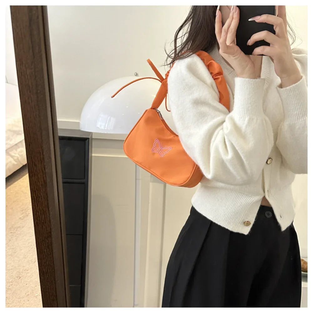 Bordado bowknot borboleta bolsa de ombro y2k-estilo plissado alça náilon arco sacola maquiagem batom bolsa nova