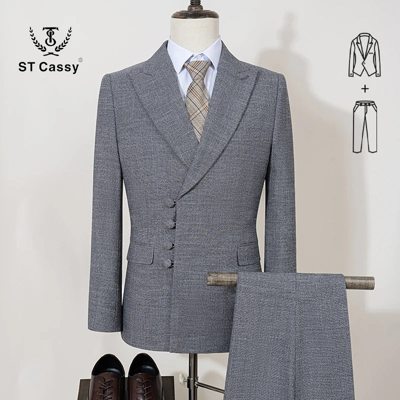 Terno masculino elegante ST Cassy para casamento, cinza, slim fit, trespassado, com vários botões, casual, para negócios, conjunto de 2 peças para festa.