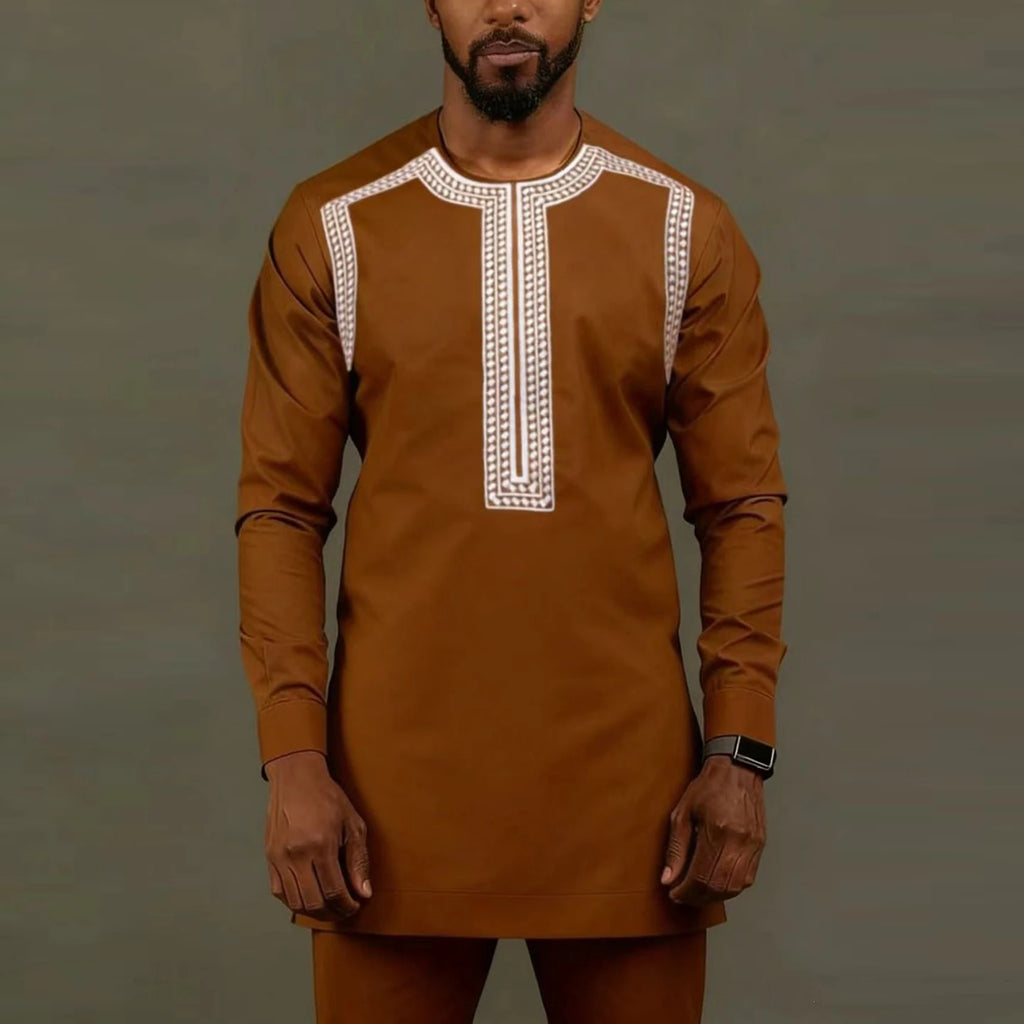 Traje Masculino Africano com Bordado Temos, Conjunto de Duas Peças, Calça Longa, Estilo Étnico Casual, Traje de Casamento, Terno para Noivos.