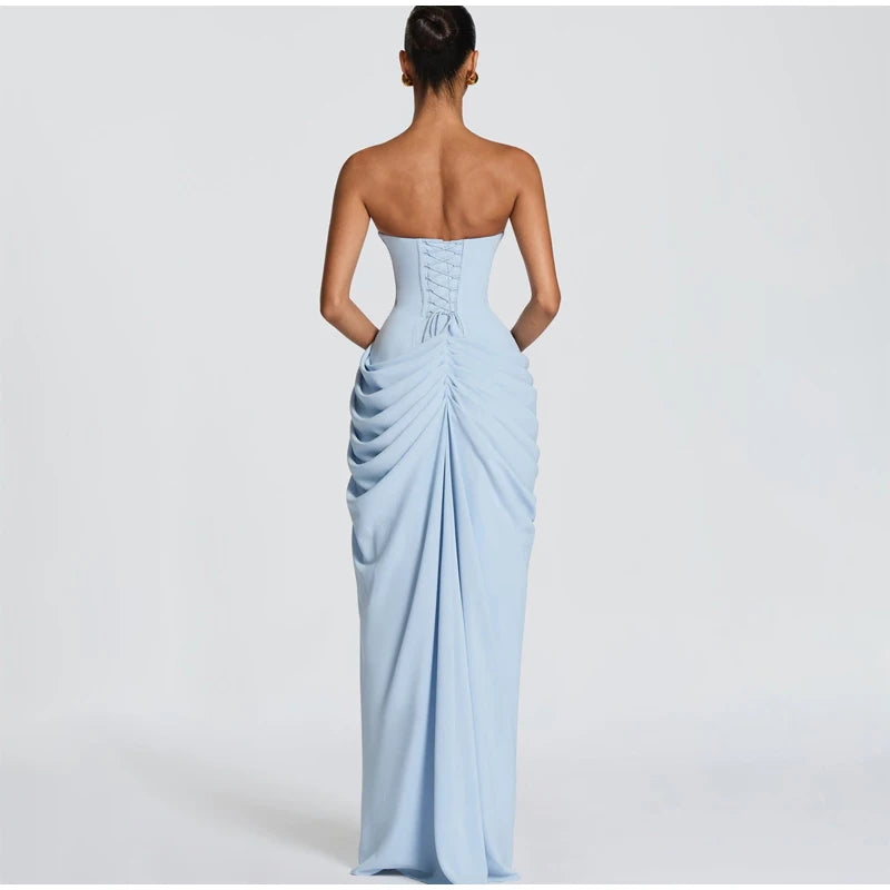 Vestido Elegante Amarelo Plissado Sem Alças para Mulheres, Chique, Sem Mangas, com Cintura Marcada e Fenda, Vestido Longo para Festas Noturnas Femininas 2026