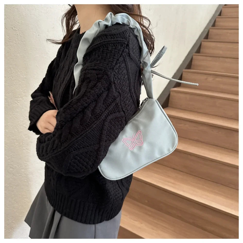Bordado bowknot borboleta bolsa de ombro y2k-estilo plissado alça náilon arco sacola maquiagem batom bolsa nova