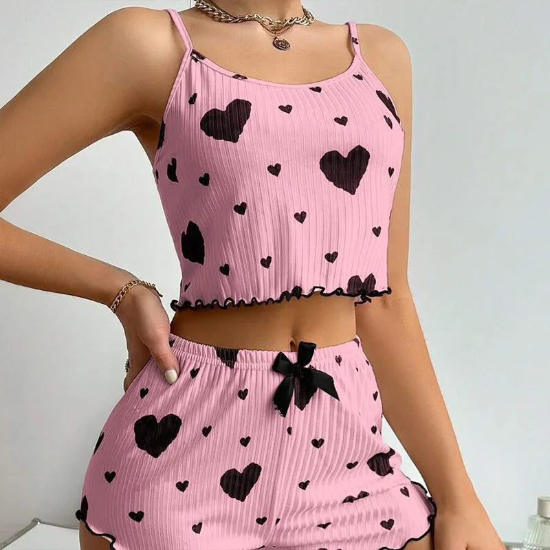 Conjunto de pijamas femininos pijamas 2 peças regata curta e shorts s m l branco ventilar macio casual amor impressão