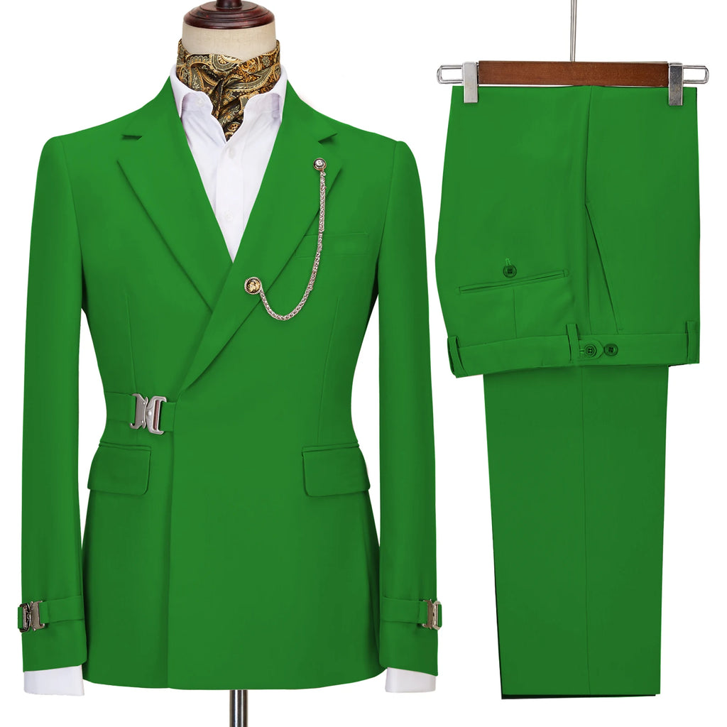 Terno de negócios masculino com fivela de metal, jaqueta casual, casaco boutique, vestido de noiva do noivo, blazers e calças, moda elegante