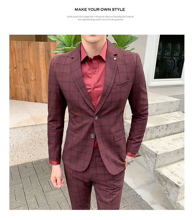 Terno de negócios fino ajuste masculino alta qualidade boutique moda conjunto de duas peças bonito tendência banquete quatro estações calças incluídas