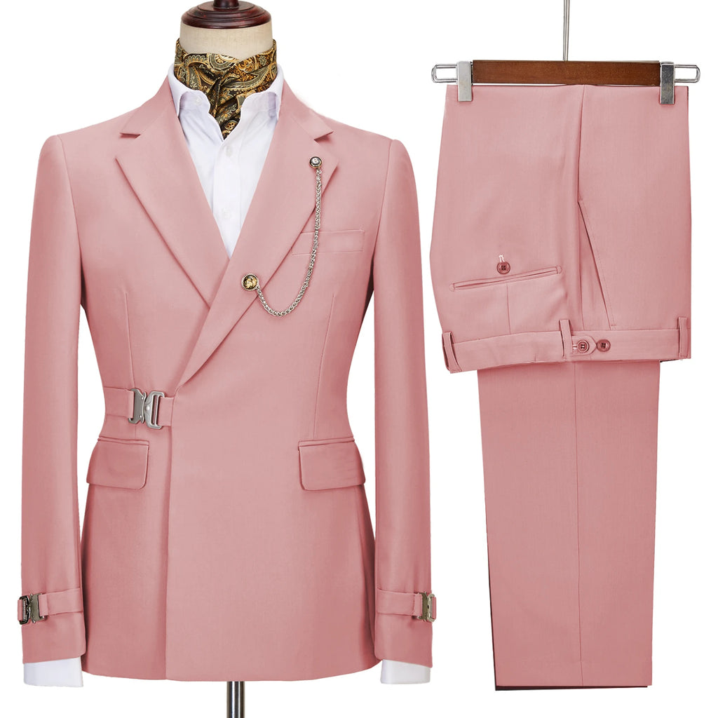 Terno de negócios masculino com fivela de metal, jaqueta casual, casaco boutique, vestido de noiva do noivo, blazers e calças, moda elegante